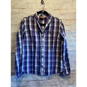 Merrell Button Blouse M purple plaid long sleeve
